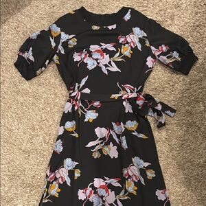 Who What Wear Black and Pink Fit and Flare Dress with Puff Sleeves